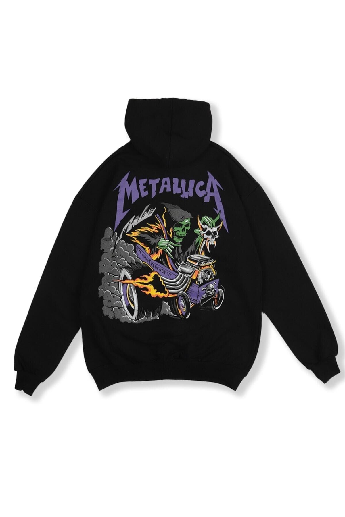 Metallica Mor Baskılı Siyah Oversize Kapüşonlu Sweatshirt