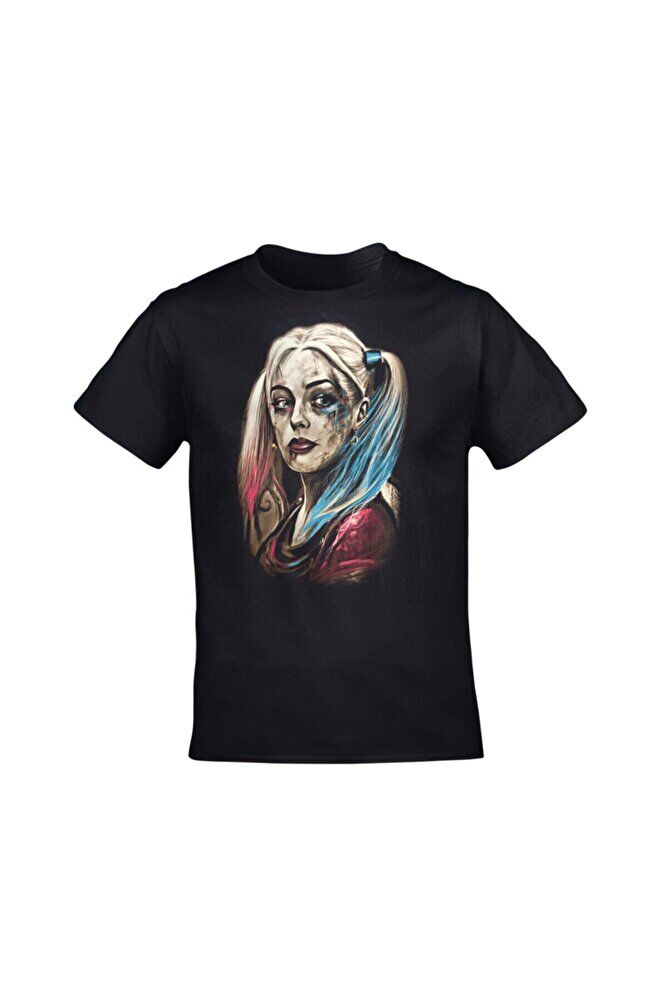Unisex Siyah Harley Quinn Baskılı Tshirt