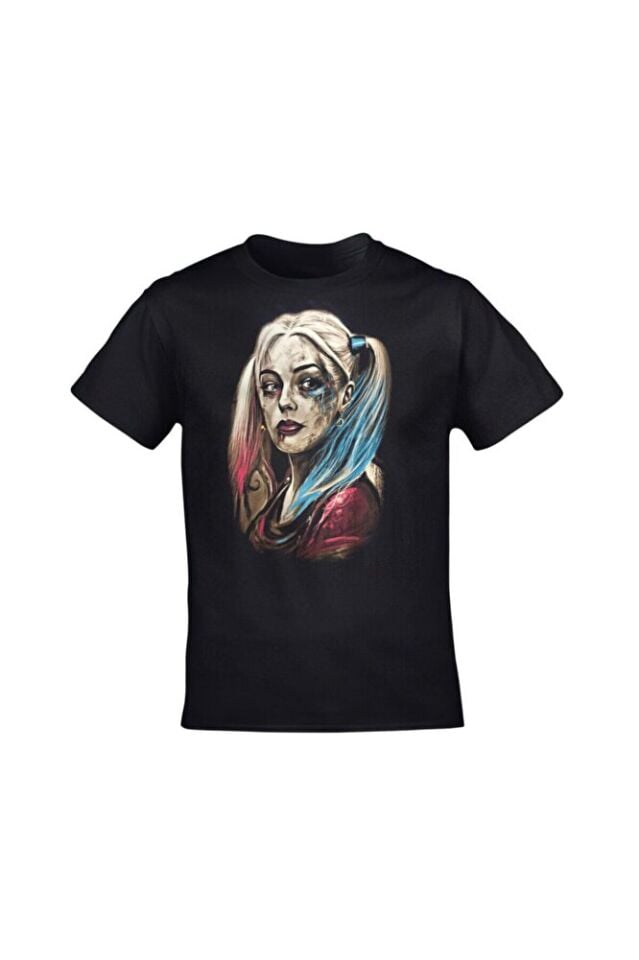 Unisex Siyah Harley Quinn Baskılı Tshirt