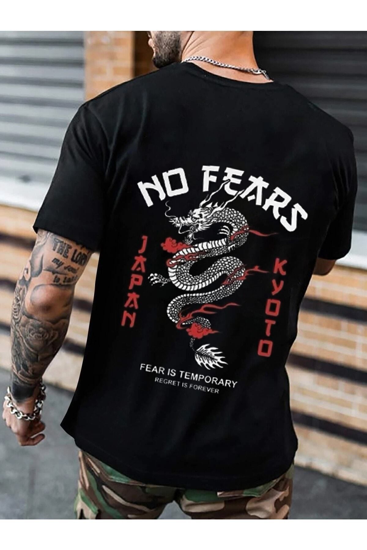 Unisex Baskılı Siyah T-shirt No Fears Ejderha
