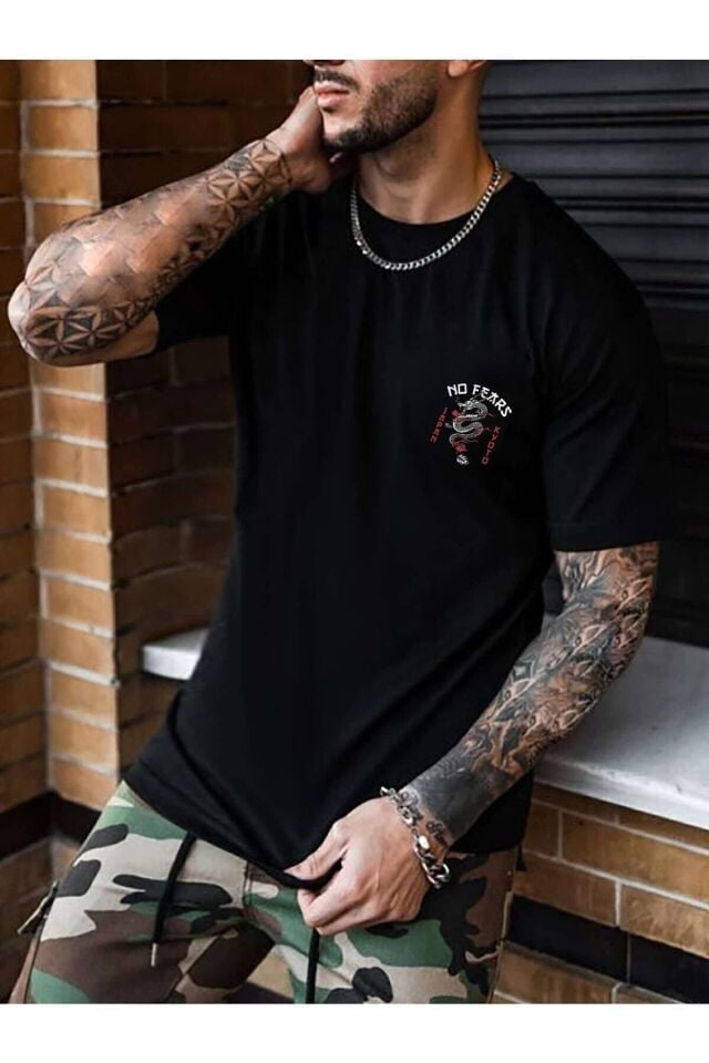 Unisex Baskılı Siyah T-shirt No Fears Ejderha