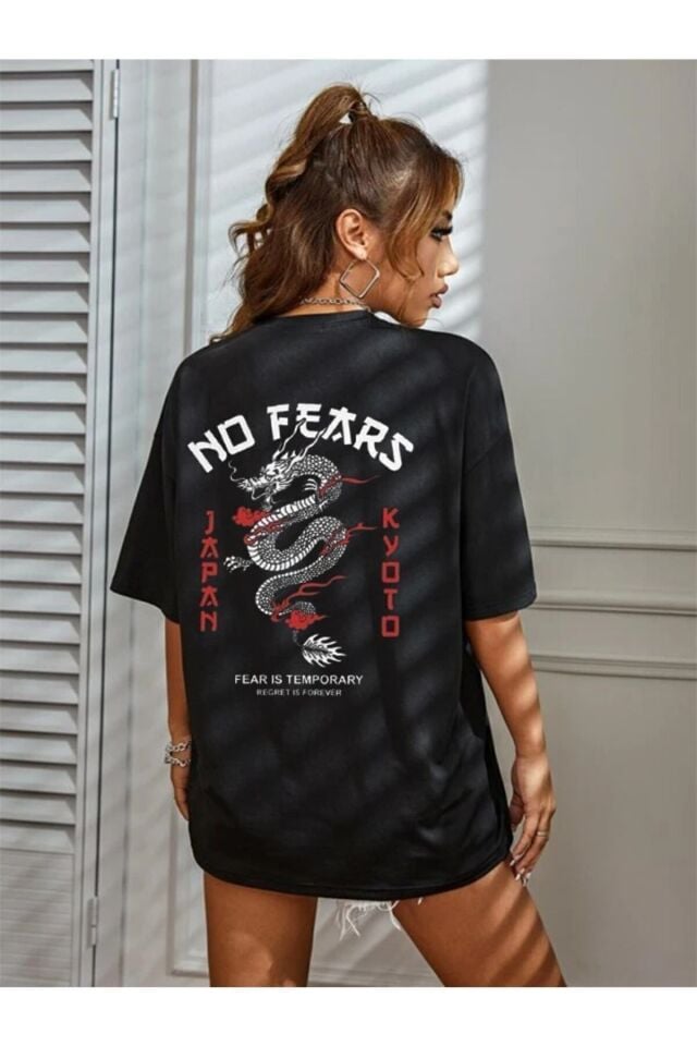 Unisex Baskılı Siyah T-shirt No Fears Ejderha