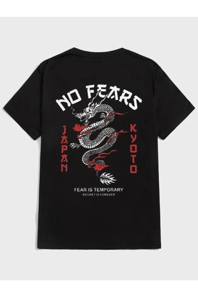 Unisex Baskılı Siyah T-shirt No Fears Ejderha