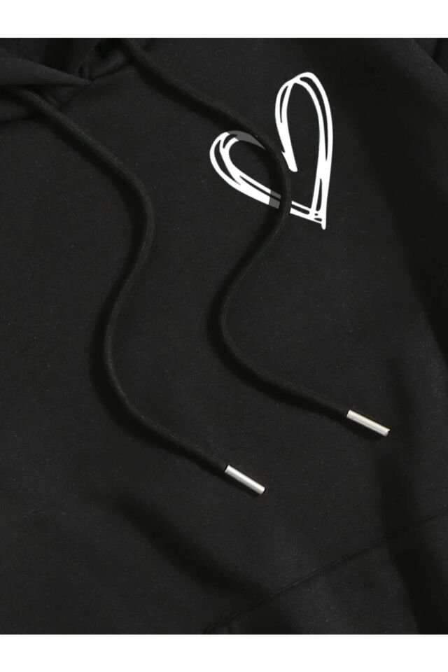 Unisex Siyah Kalp Baskılı Kapüşonlu Sweatshirt