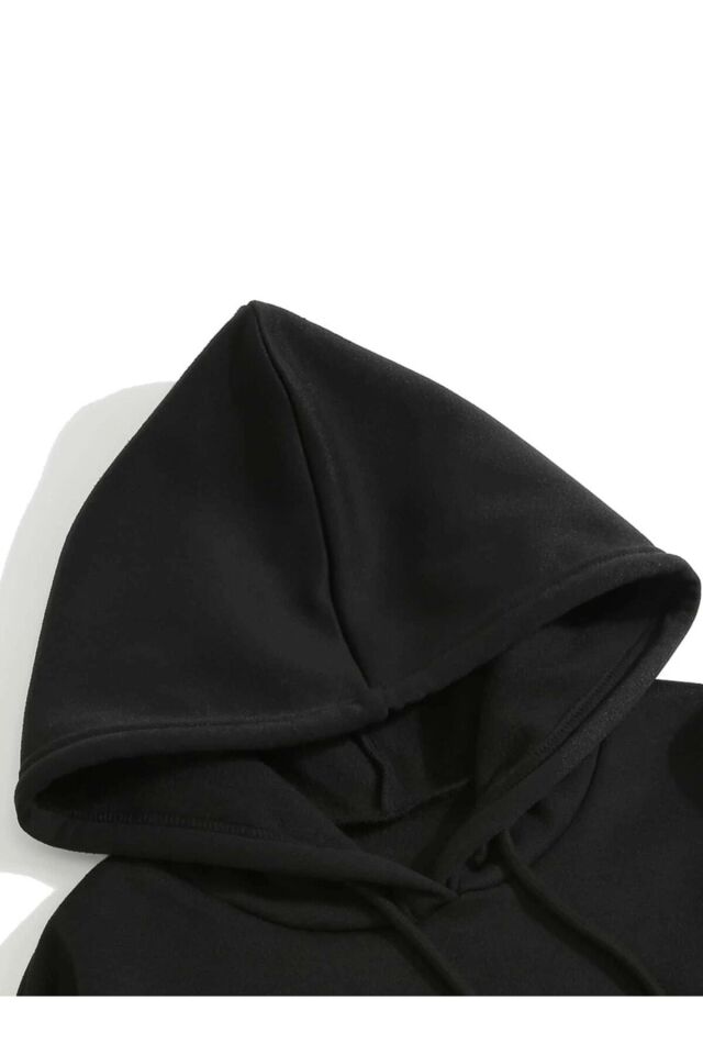 Unisex Siyah Kalp Baskılı Kapüşonlu Sweatshirt