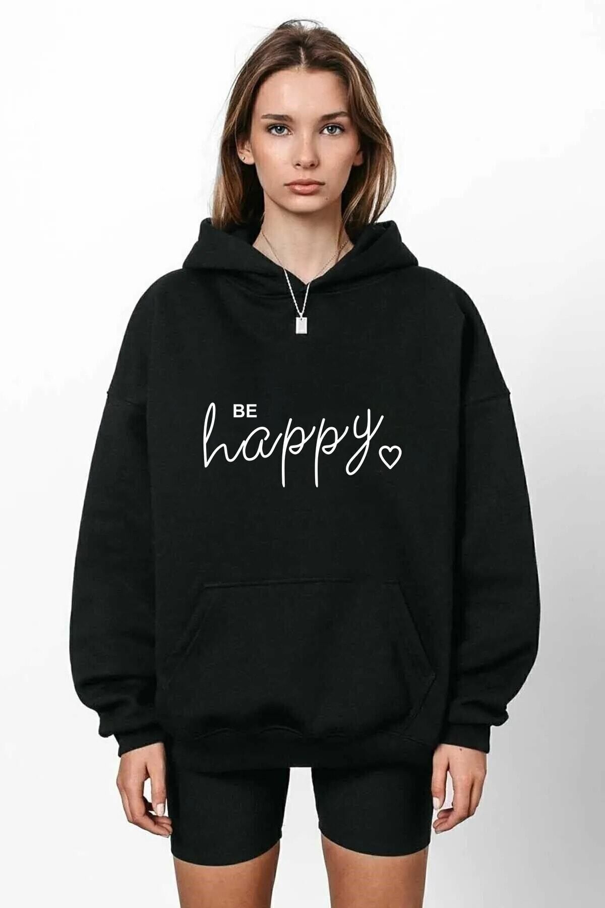 Be Happy Baskılı Kapüşönlü Sweatshirt