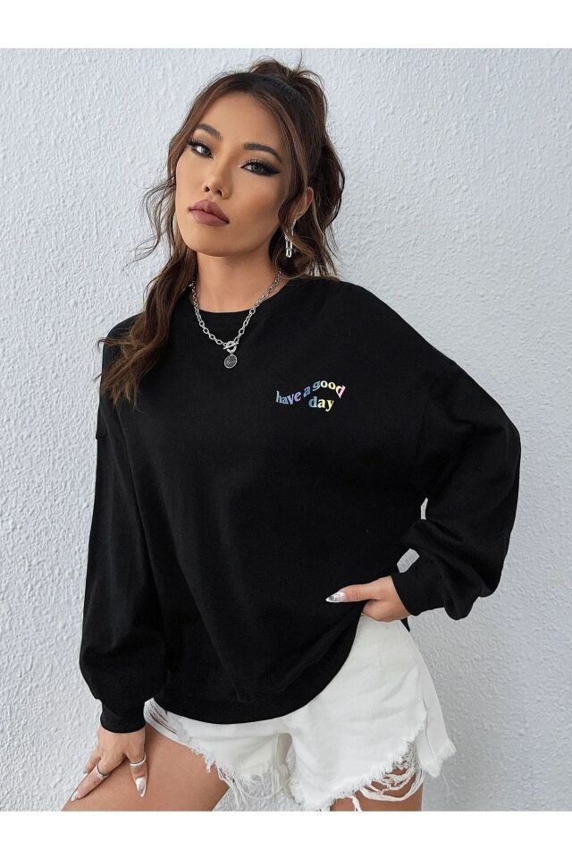 TREND KUTU Cep Üstünde Kedi Baskılı Kapüşonlu Sweatshirt