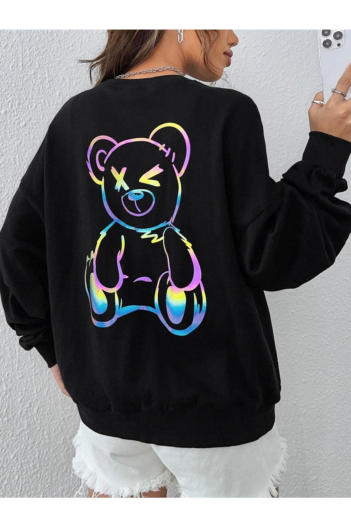 TREND KUTU Cep Üstünde Kedi Baskılı Kapüşonlu Sweatshirt