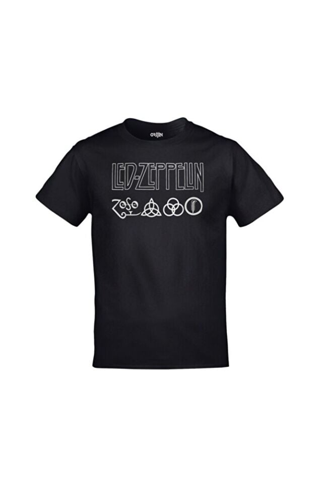 Unisex Siyah Led Zeppelin Logolar Baskılı Tshirt