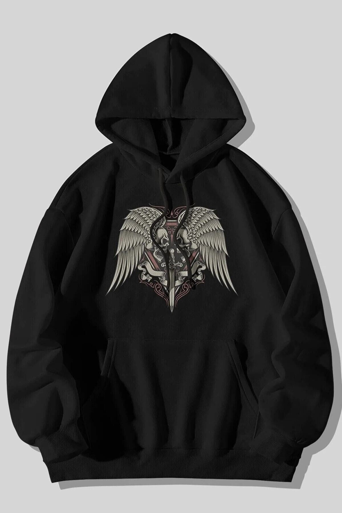Kılıç Iskelet Baskılı Unisex Siyah Kanguru Cepli Kapüşonlu Sweatshirt