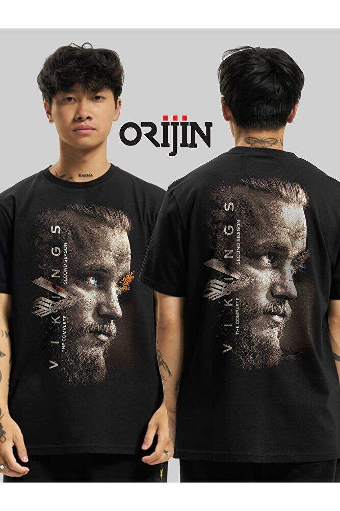Vikings Ragnar Lothbrok Ön Arka Baskılı Unisex Siyah Tshirt