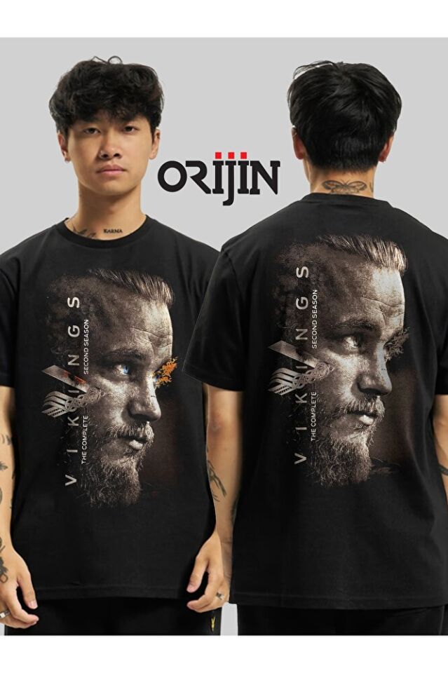Vikings Ragnar Lothbrok Ön Arka Baskılı Unisex Siyah Tshirt