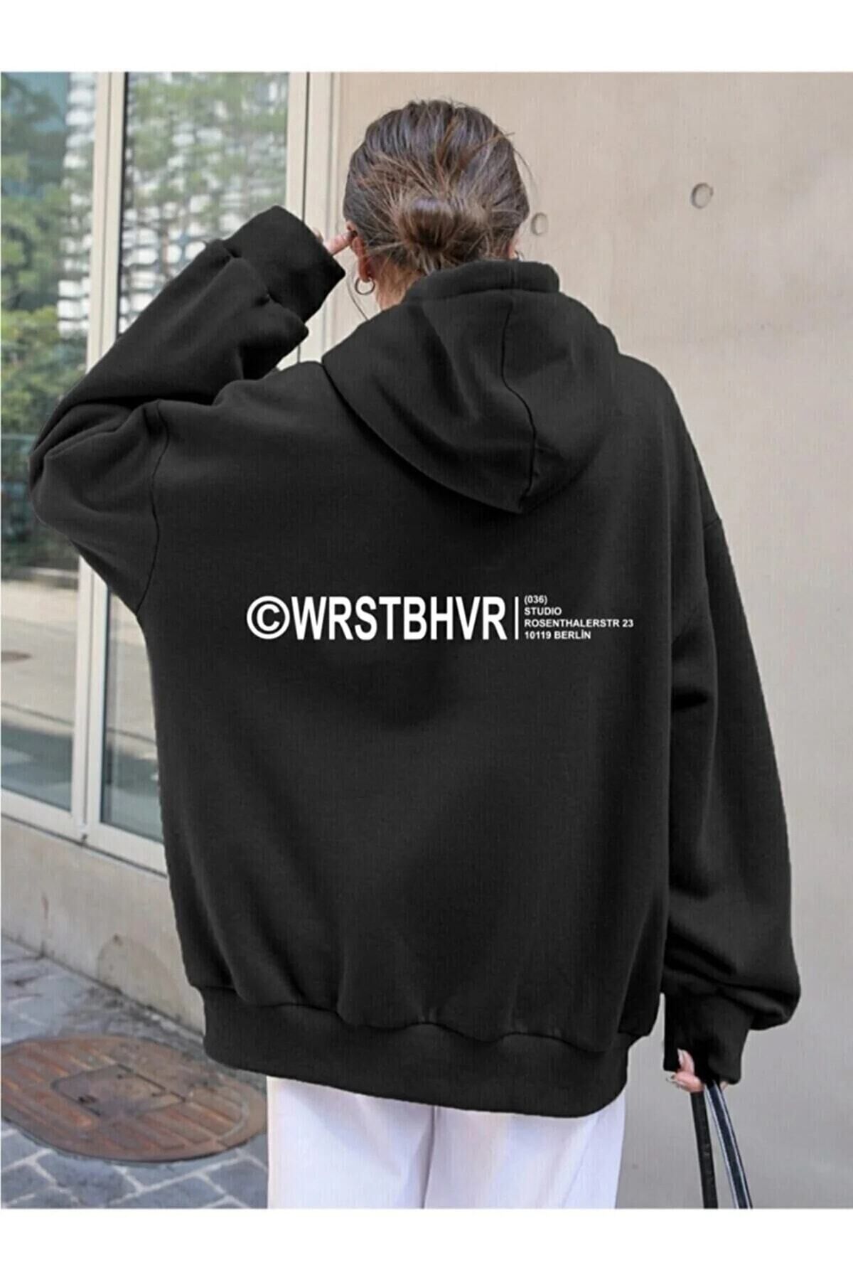Unisex Oversize Siyah Wrst Baskili Hoodie Sweatshirt