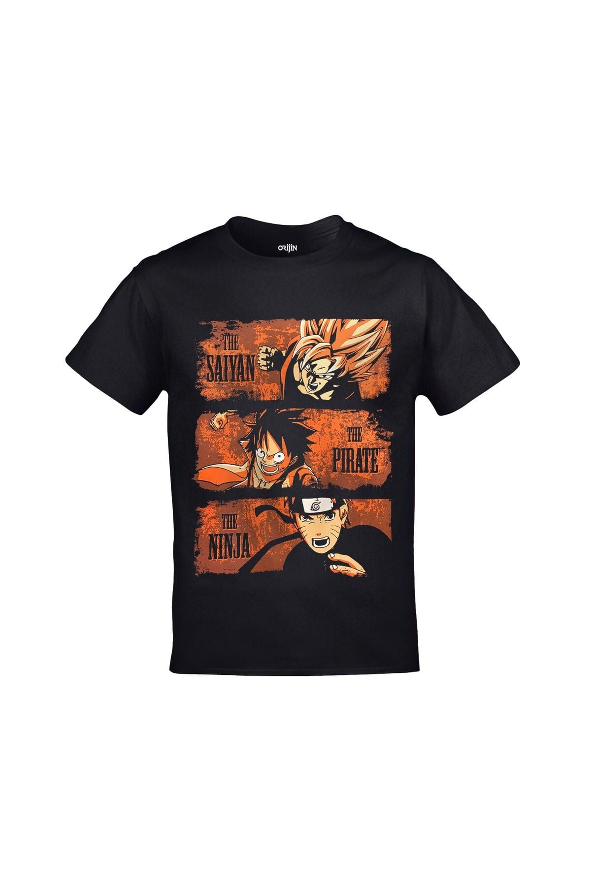The Saiyan The Pirate The Ninja Dragon Ball Goku One Piece Luffy Naruto Basklı Unisex Siyah Tshirt