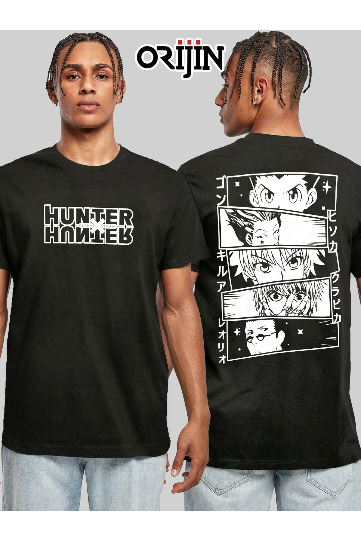 Hunter X Hunter 5 Karakter Ön Arka Baskılı Unisex Siyah Tshirt