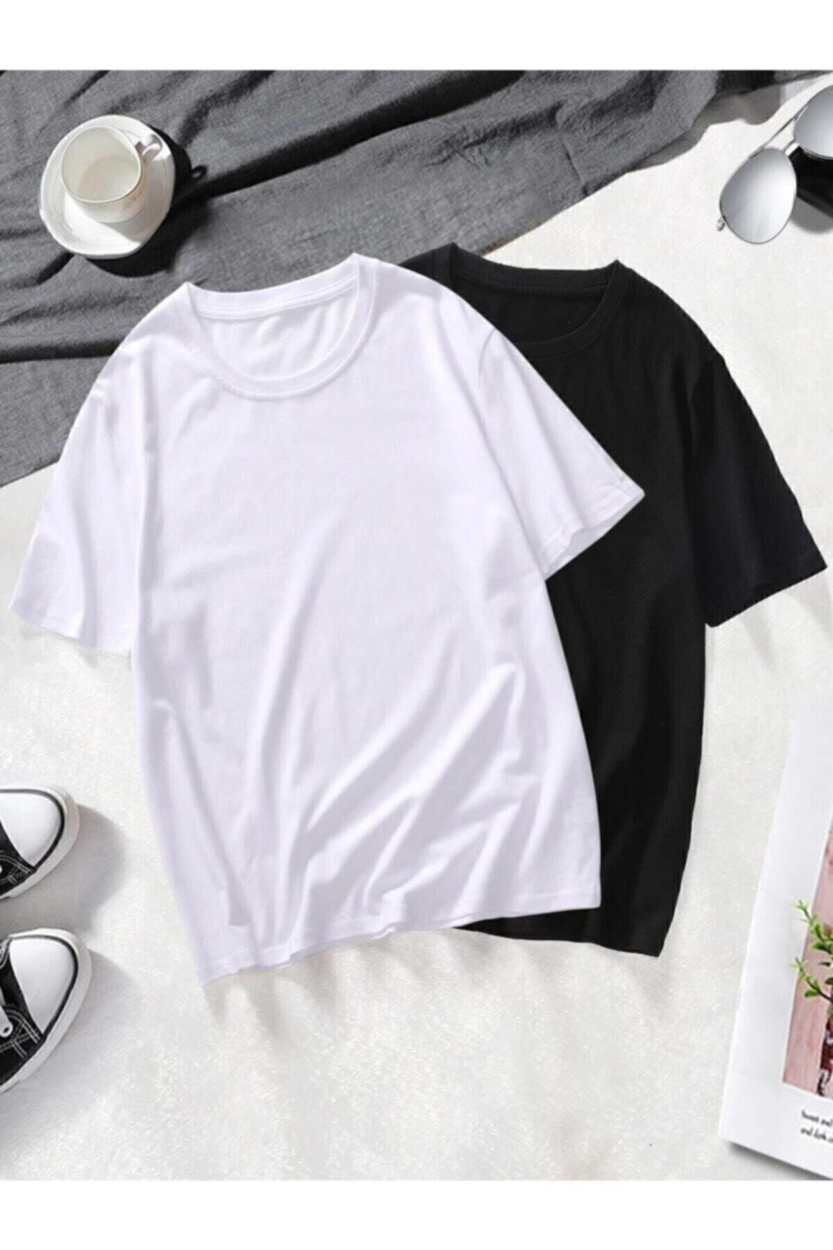 Unisex 2 Li Paket Siyah-beyaz Basic Oversize Penye T-shirt Tişört
