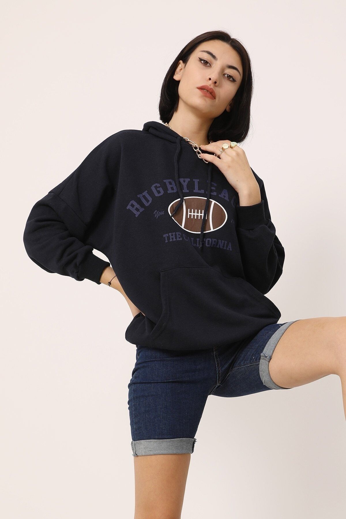 Rugbleague Baskılı Kapüşonlu Kanguru Cepli 3 Iplik Sweatshirt