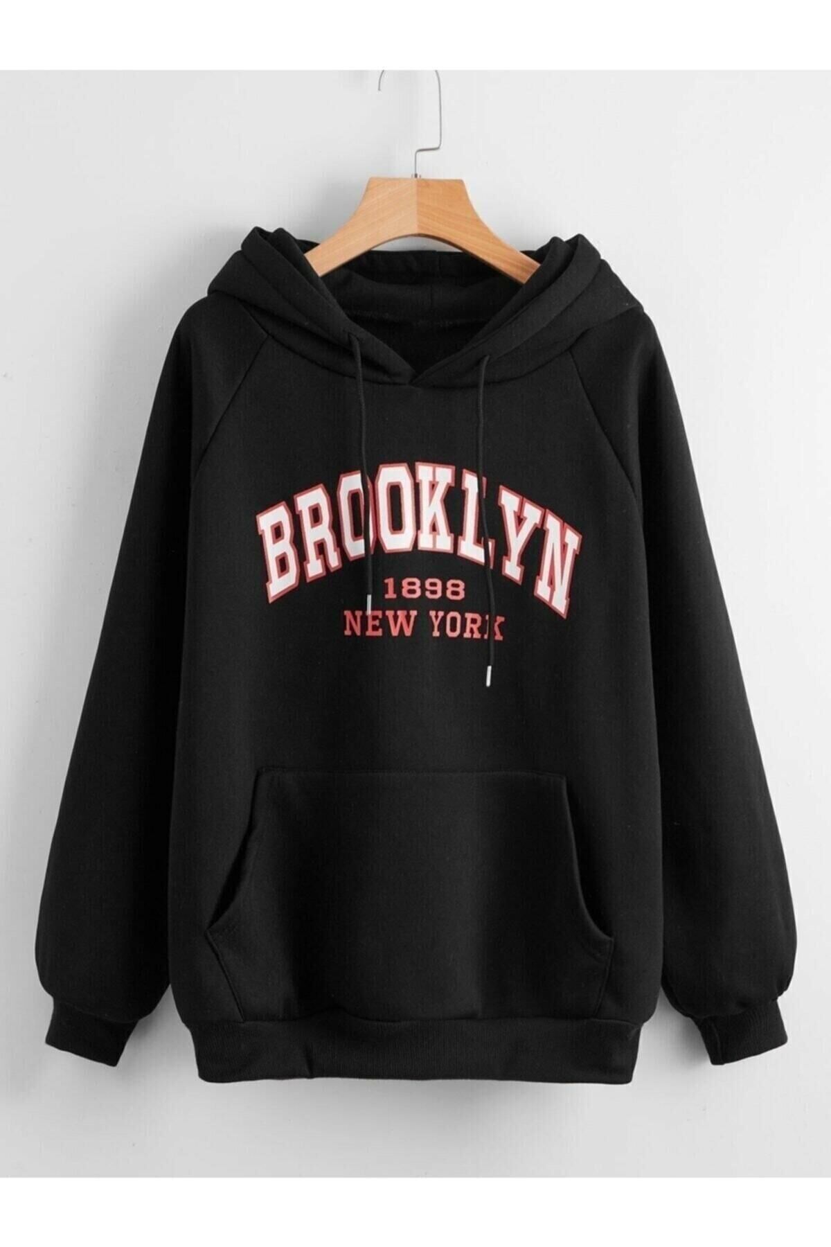 Unisex Siyah Brooklyn Baskılı Kapüşonlu