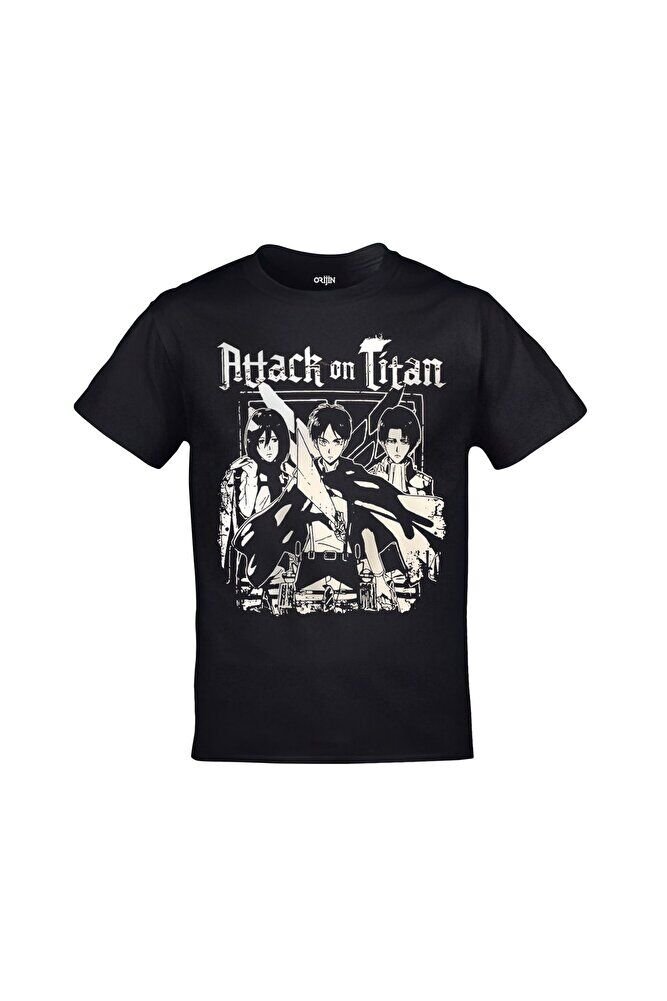 Attack On Titan Eren Levi Mikasa Baskılı Unisex Siyah Tshirt