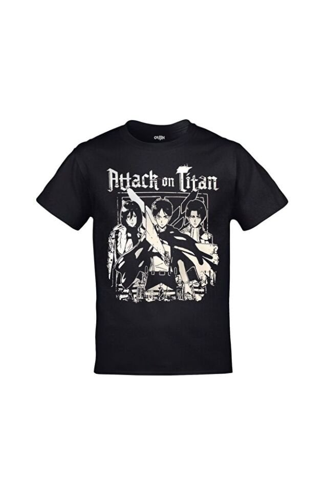 Attack On Titan Eren Levi Mikasa Baskılı Unisex Siyah Tshirt