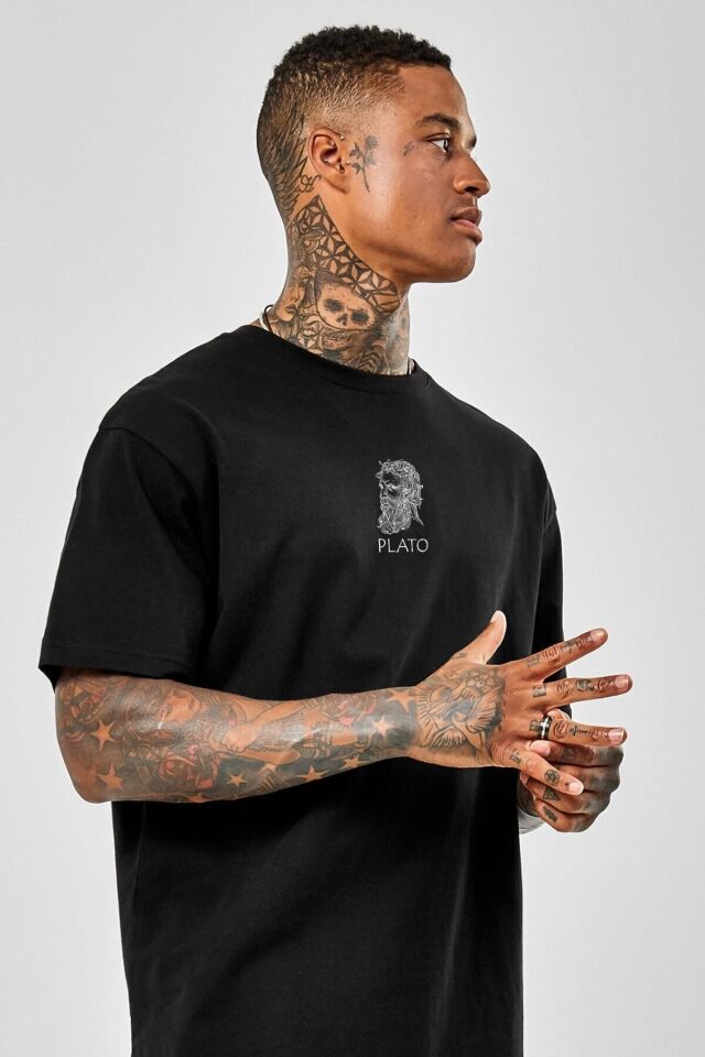 Azurco Oversize Plato Baskılı Siyah Tshirt