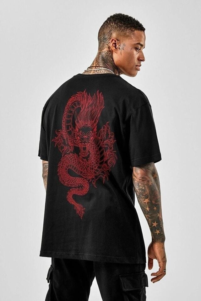 Oversize Dragon Baskılı Siyah Tshirt B0001