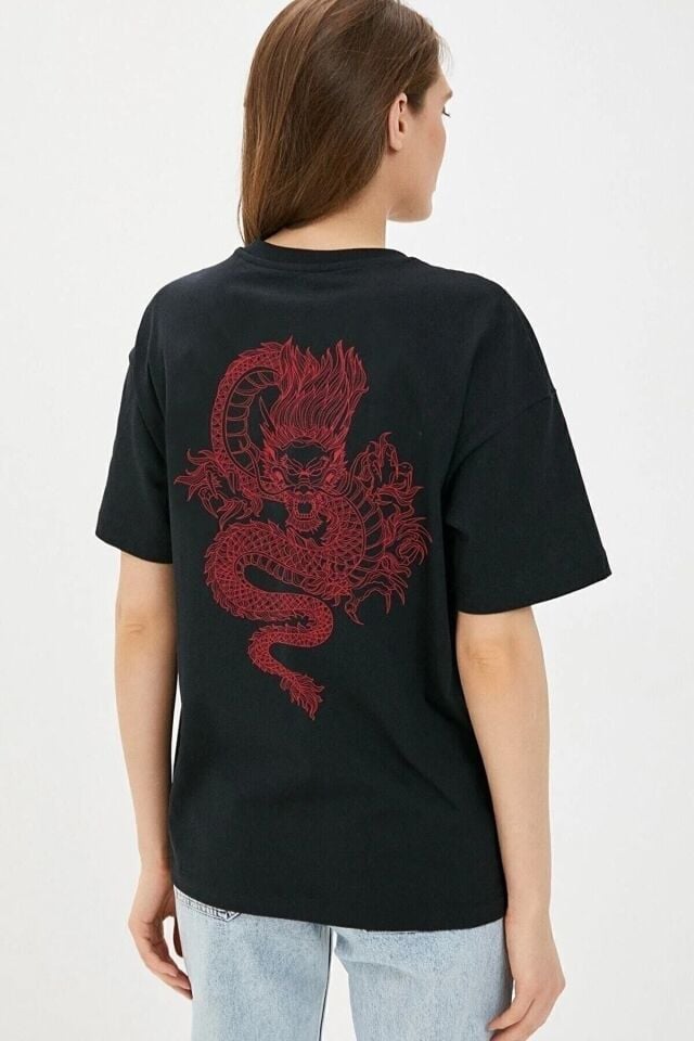 Oversize Dragon Baskılı Siyah Tshirt B0001