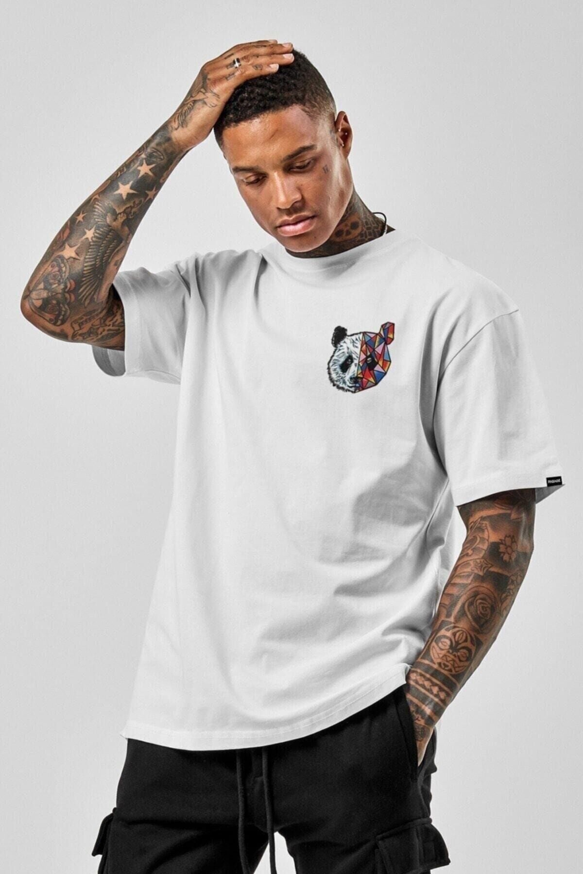 Oversize Panda Baskılı Beyaz Tshirt