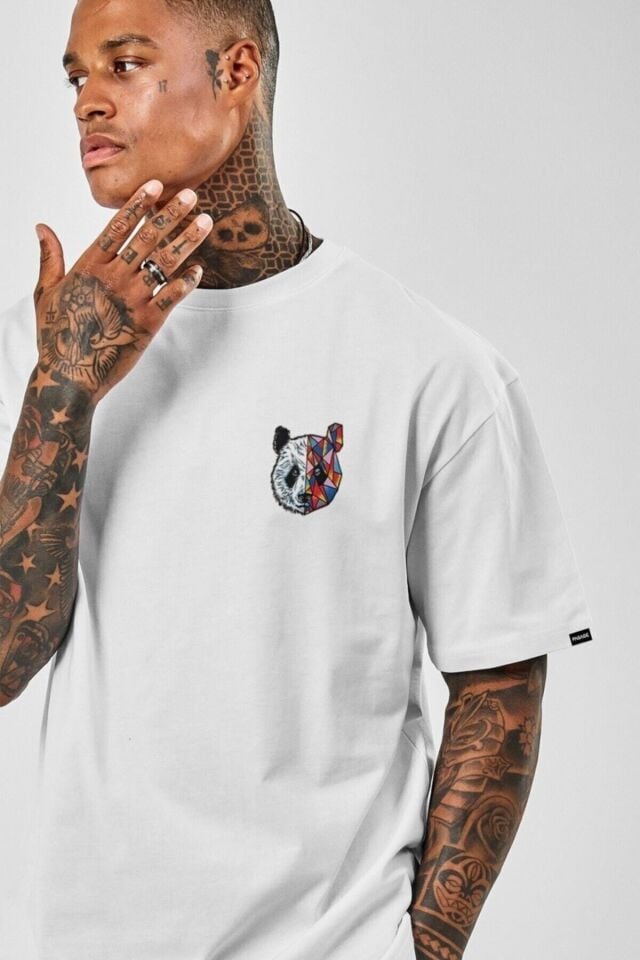 Oversize Panda Baskılı Beyaz Tshirt