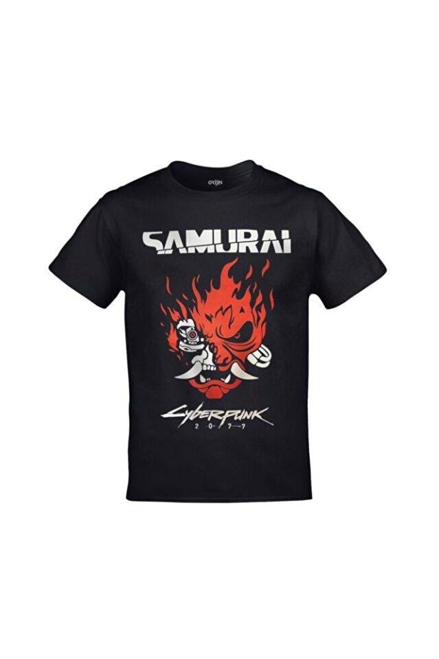 Samurai Cyberpunk Baskılı Unisex Siyah Tshirt
