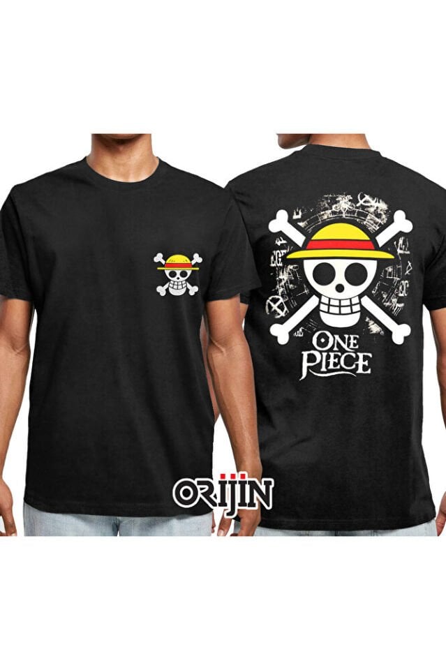 One Piece Flag Unisex Ön Arka Baskılı Siyah Tshirt
