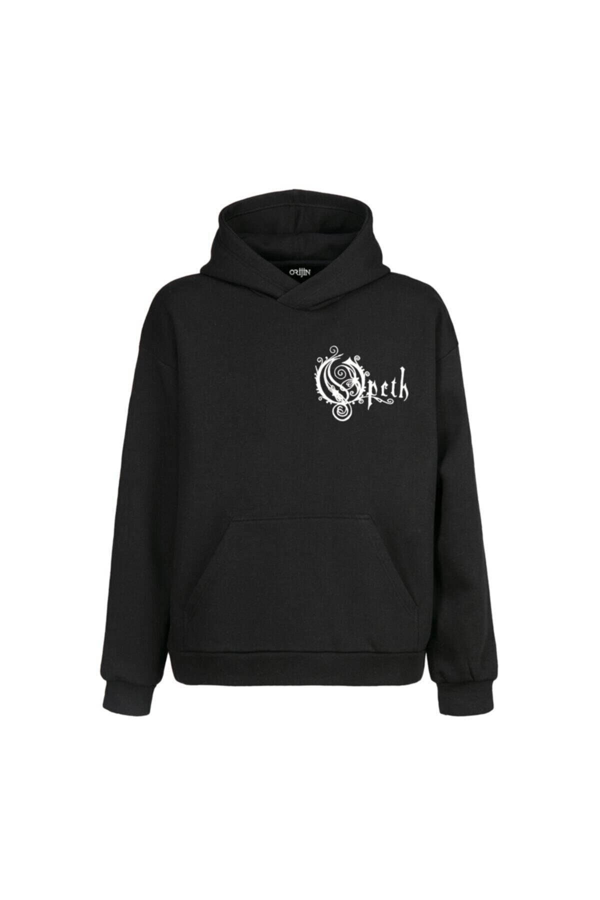Unisex Siyah Opeth Ön Arka Baskılı Kapüşonlu Sweatshirt
