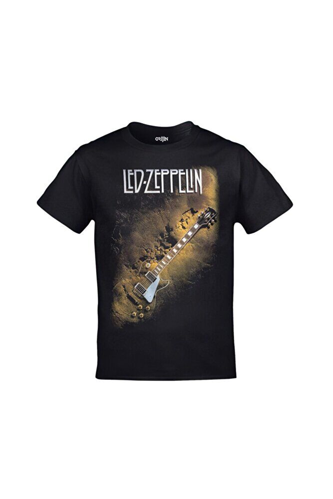 Unisex Siyah Led Zeppelin Gitar Baskılı Tshirt