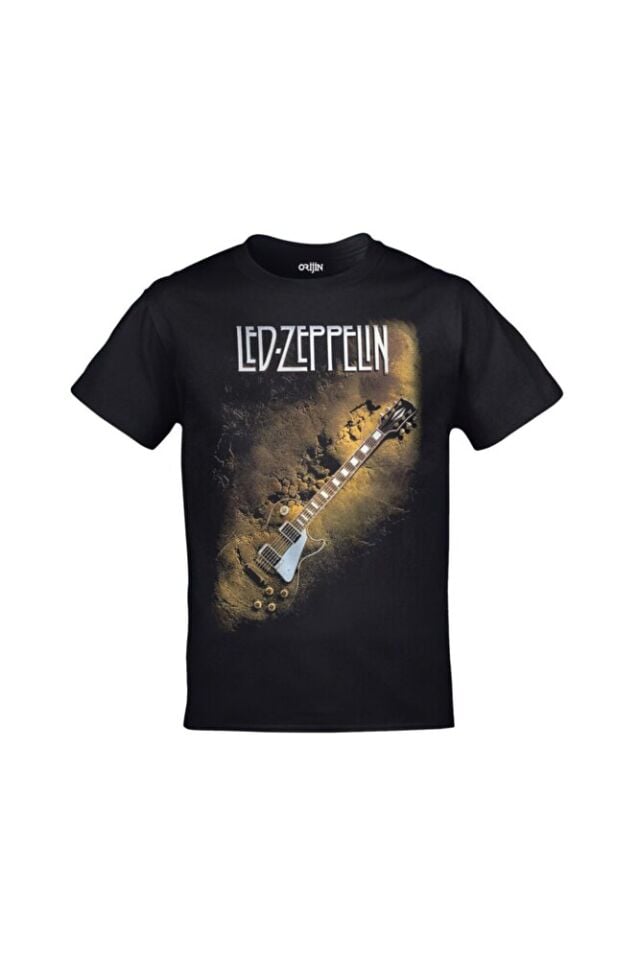 Unisex Siyah Led Zeppelin Gitar Baskılı Tshirt
