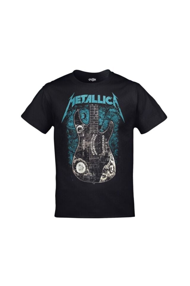 Unisex Siyah Metallica Gitar Baskılı Tshirt
