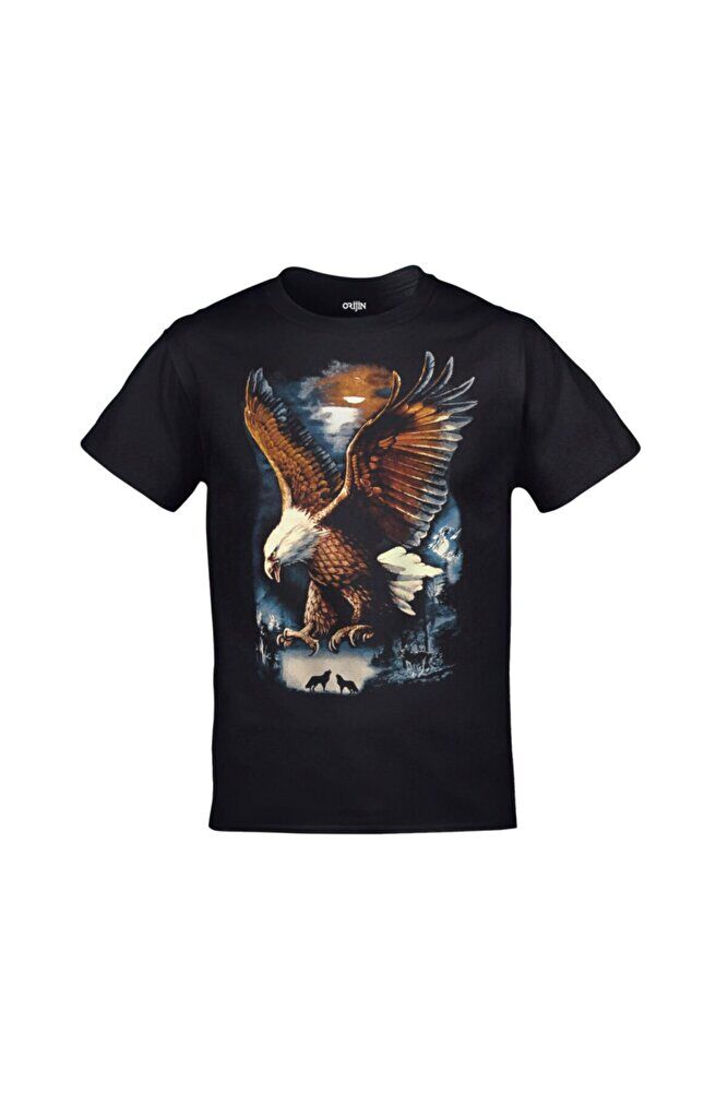 Kartal Renkli Baskılı Unisex Siyah Tshirt