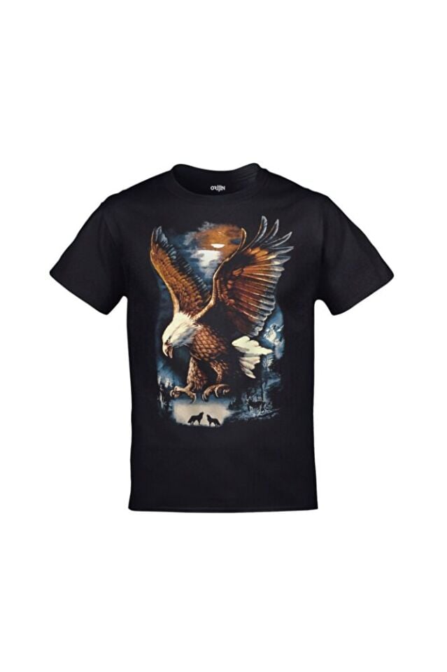 Kartal Renkli Baskılı Unisex Siyah Tshirt