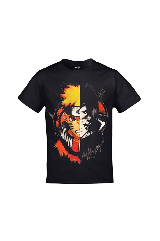 Naruto Iki Yüz Baskılı Unisex Siyah Tshirt