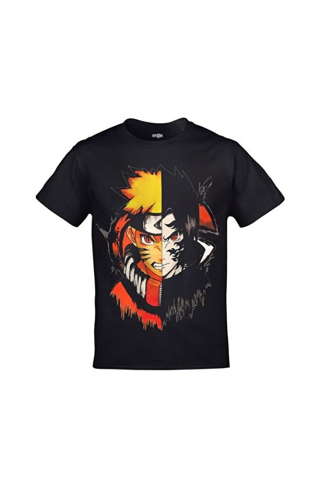 Naruto Iki Yüz Baskılı Unisex Siyah Tshirt