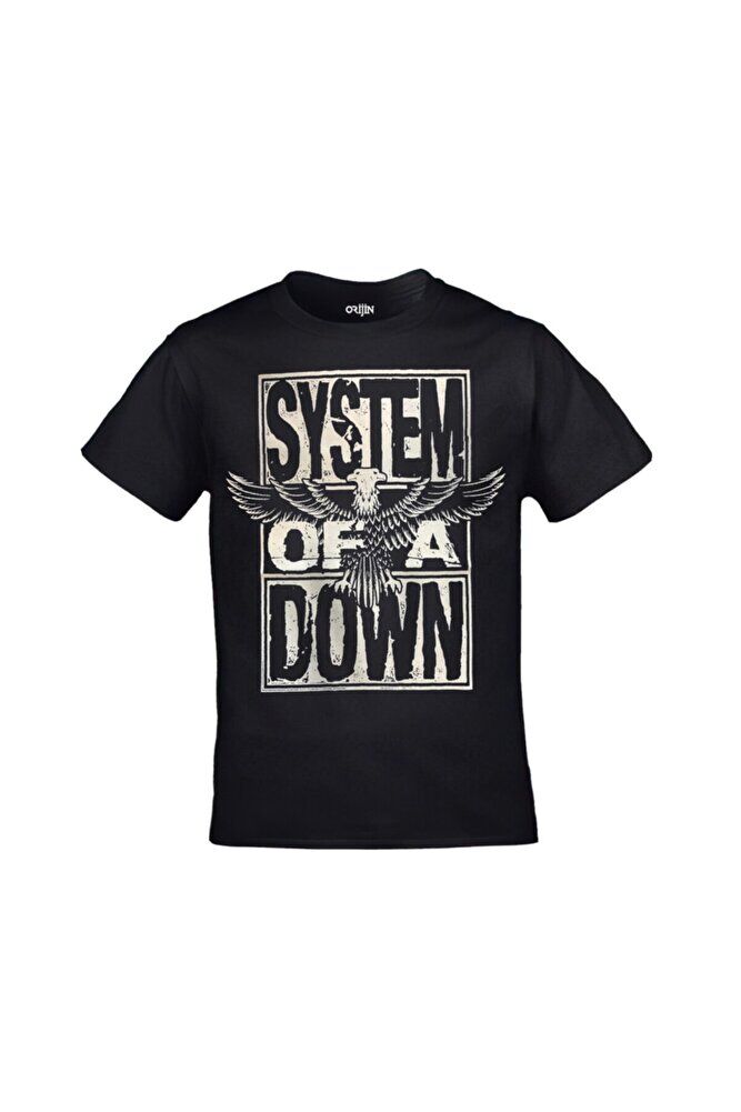 Unisex Siyah System Of A Down Stacked Eagle Baskılı Tshirt