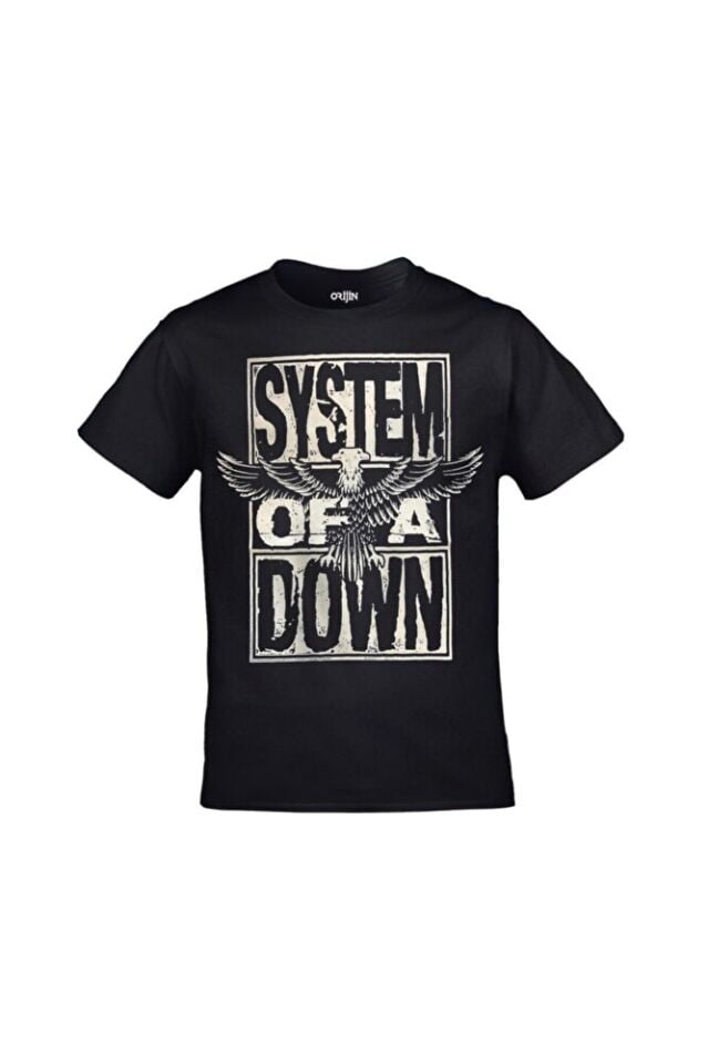 Unisex Siyah System Of A Down Stacked Eagle Baskılı Tshirt