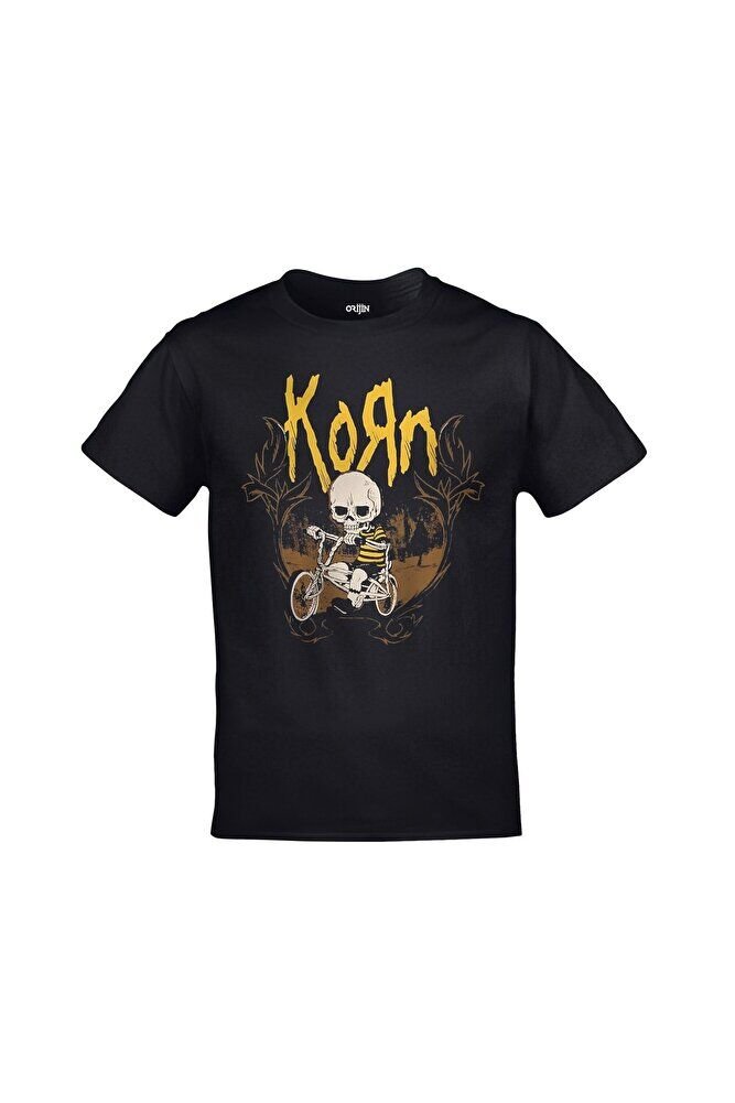Korn Ön Arka Baskılı Unisex Siyah Tshirt