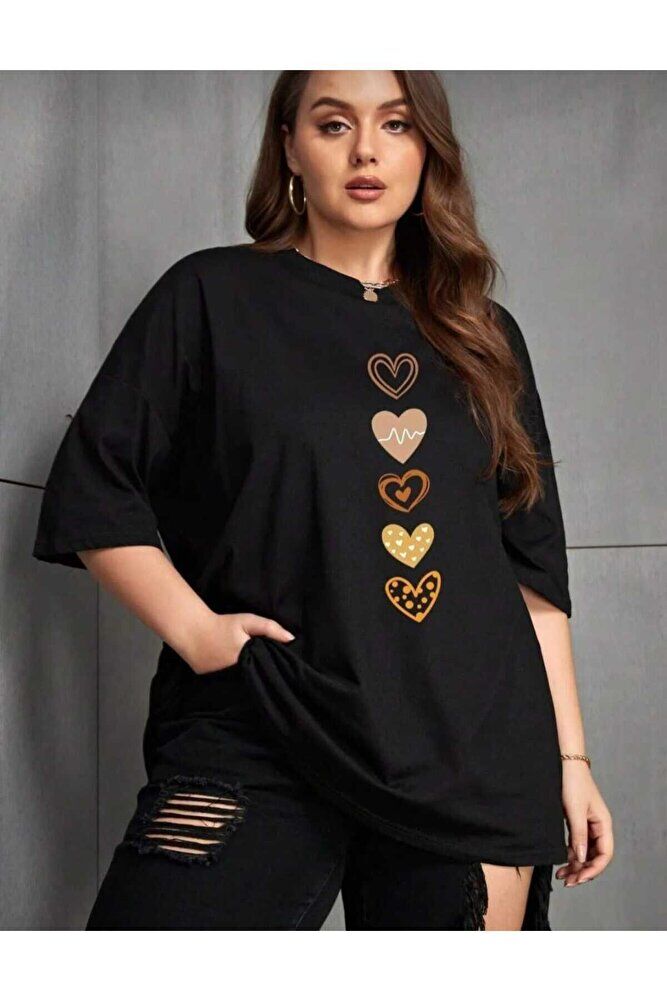 KADIN BÜYÜK BEDEN KALP BASKILI TSHİRT