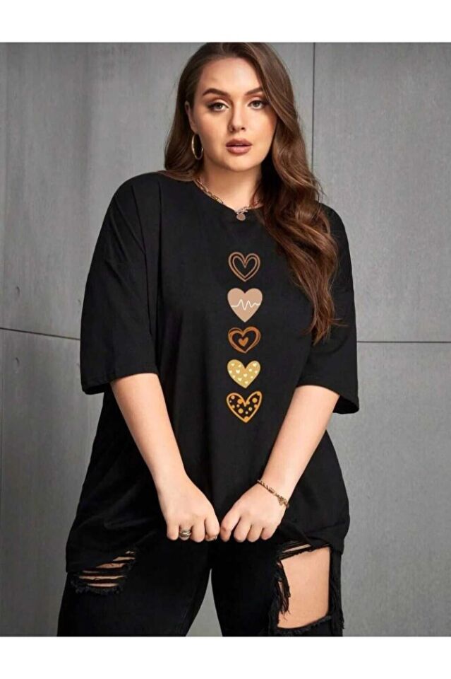 KADIN BÜYÜK BEDEN KALP BASKILI TSHİRT