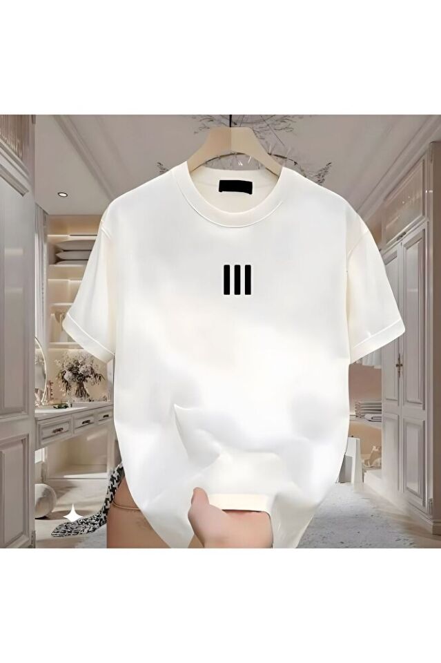 3 Çizgi Baskılı Beyaz Erkek Tshirt