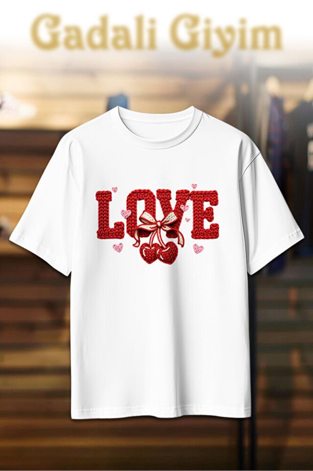 Unisex Oversize Örgü Taklitli Love Kiraz Baskılı Günlük T-Shirt