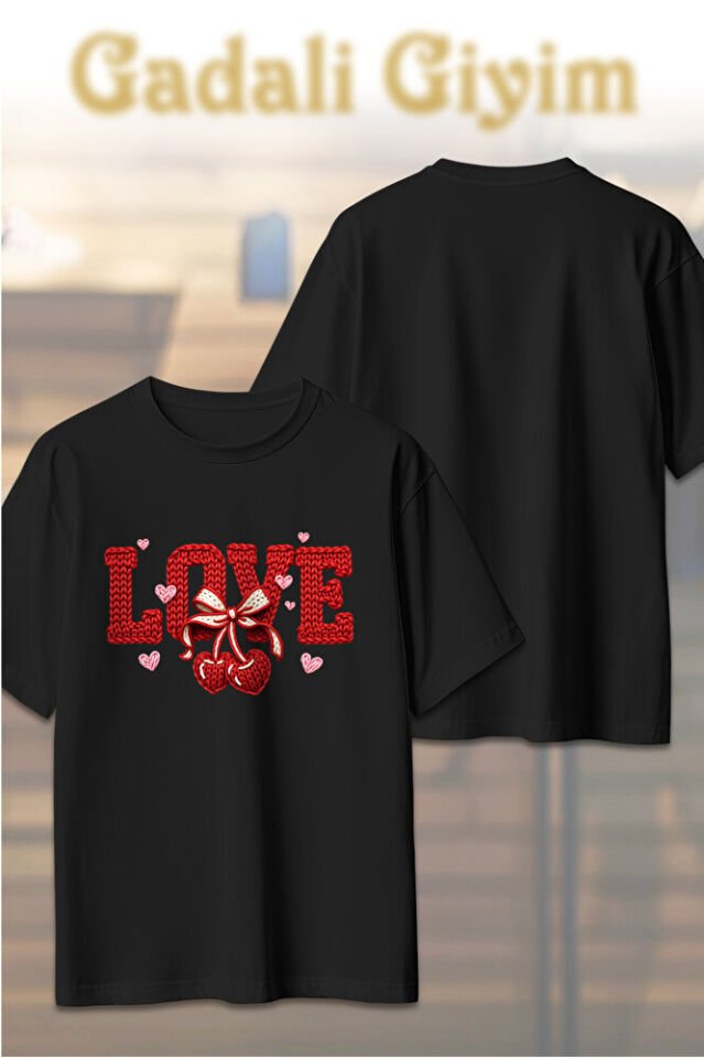 Unisex Oversize Örgü Taklitli Love Kiraz Baskılı Günlük T-Shirt