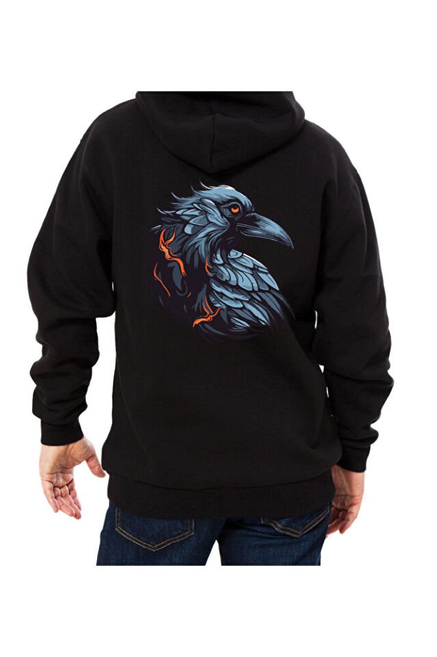 Erkek - Kadın Oversize Kuzgun Desenli Sweatshirt Uzun Kollu Kapüşonlu