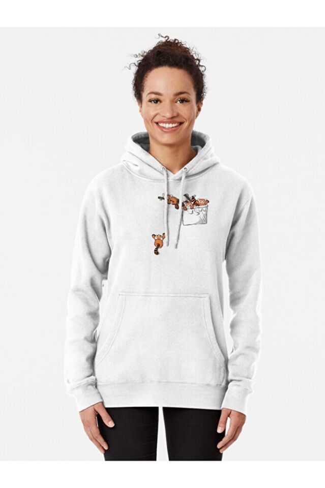 Erkek - Kadın Oversize Cep Detaylı Kırmızı Panda Ayıları Desenli Sweatshirt Uzun Kollu Kapüşonlu