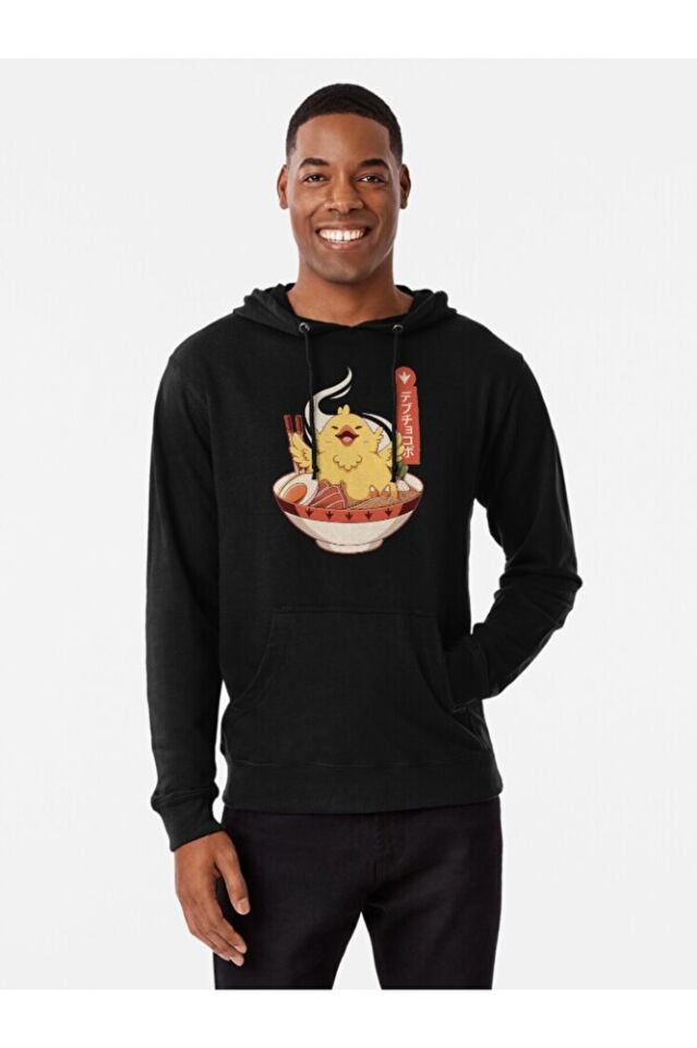 Erkek - Kadın Oversize Fat Chocobo Ramen Desenli Sweatshirt Uzun Kollu Kapüşonlu